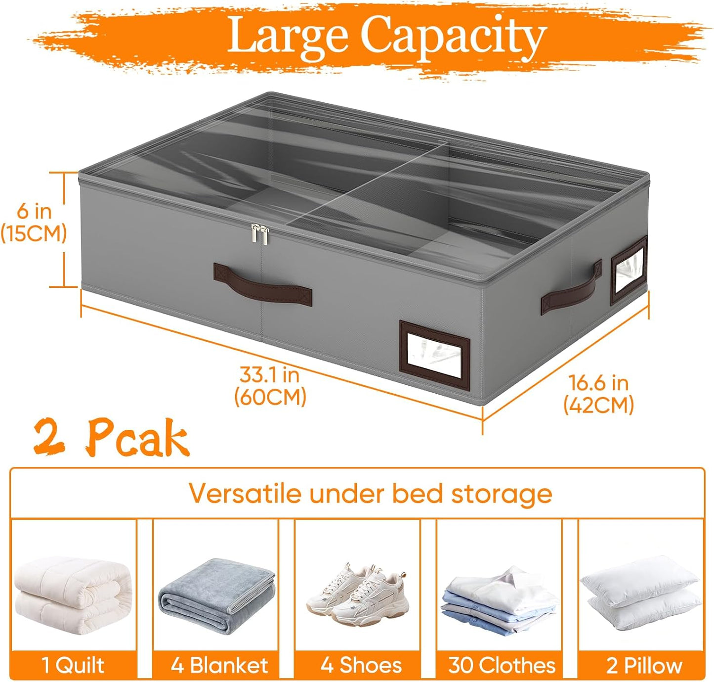 OIAHOMY 2 Pack 53L Under Bed Storage with Adjustable Dividers, 6" Low Profile Underbed Storage Bins for Comforters & Clothes, Save Closet Space with Clear View Lid & Reinforced Handles, Grey