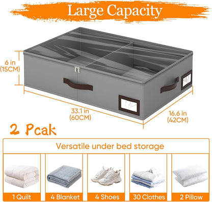 OIAHOMY 2 Pack 53L Under Bed Storage with Adjustable Dividers, 6" Low Profile Underbed Storage Bins for Comforters & Clothes, Save Closet Space with Clear View Lid & Reinforced Handles, Grey