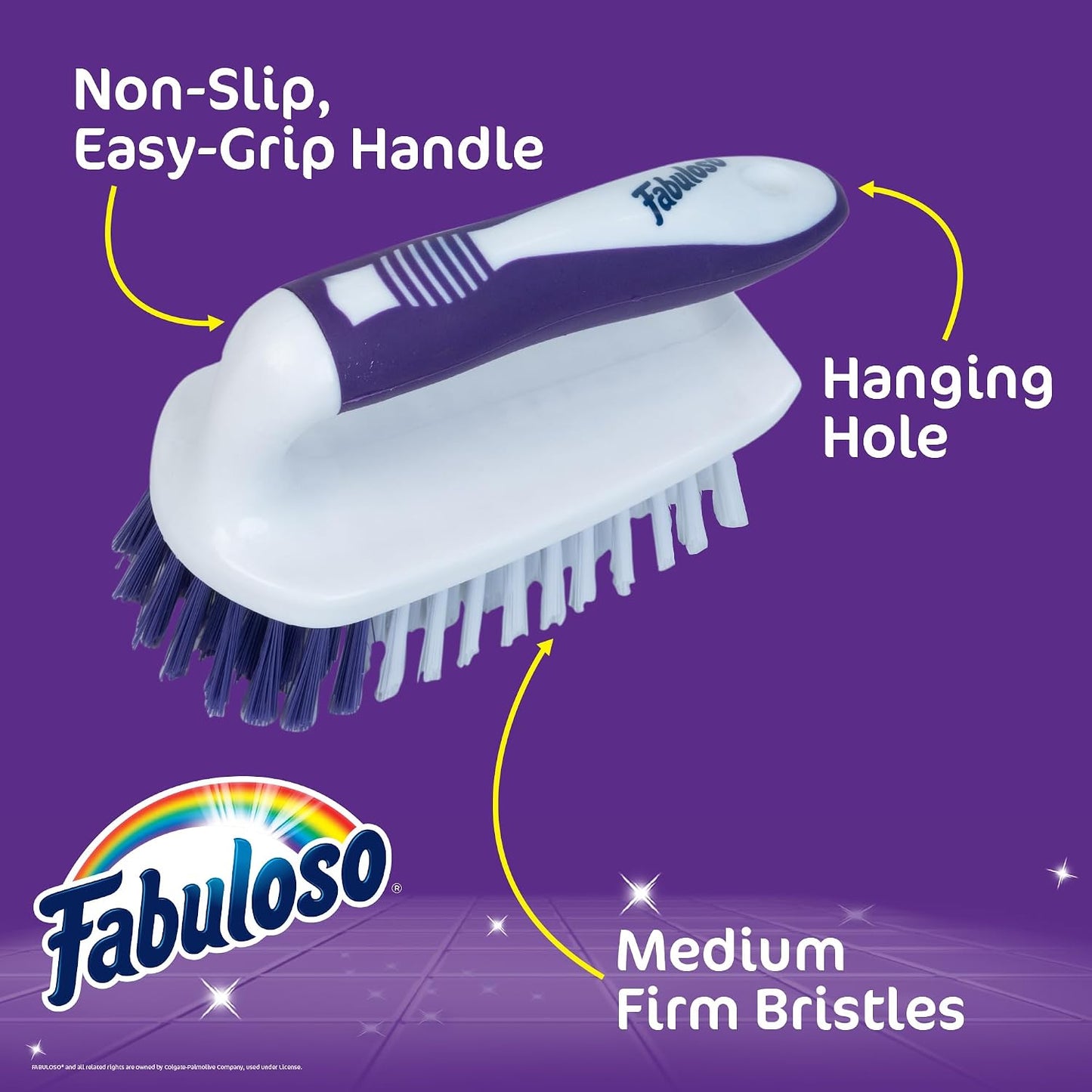 Fabuloso Cleaning Brush, Compact Hand Scrub Brush with Easy Grip Rubber Texture for Kitchen, Bathroom, Tile, Baseboards and Floors, Firm Bristles for Indoor Surface Cleaning, White & Purple, 6 Inch