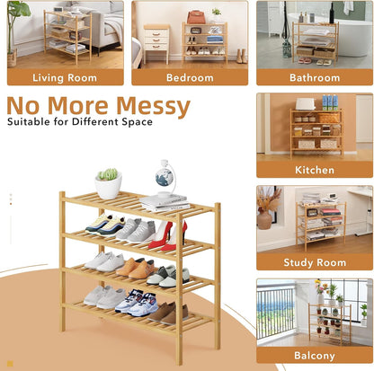 4 Tier Bamboo Shoe Rack Storage Organizer for Closet, Multifunctional Stackable Free Standing Shoe Shelf Organizer for Small Space,Entryway, Hallway, Bathroom27 x11 x26(White, 4 Tier)