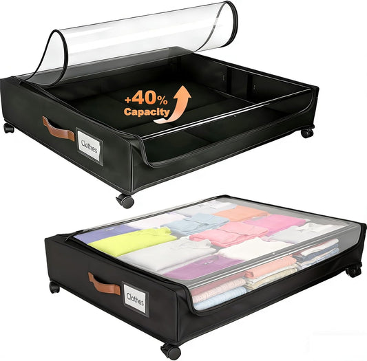80L Larger Under Bed Storage with Wheels, 2-Pack XXL Underbed Shoe Storage with Clear Lid, Easy Pull-out Rolling Under Bed Storage Containers, Underbed Storage Bins for Clothes, Shoes, Black