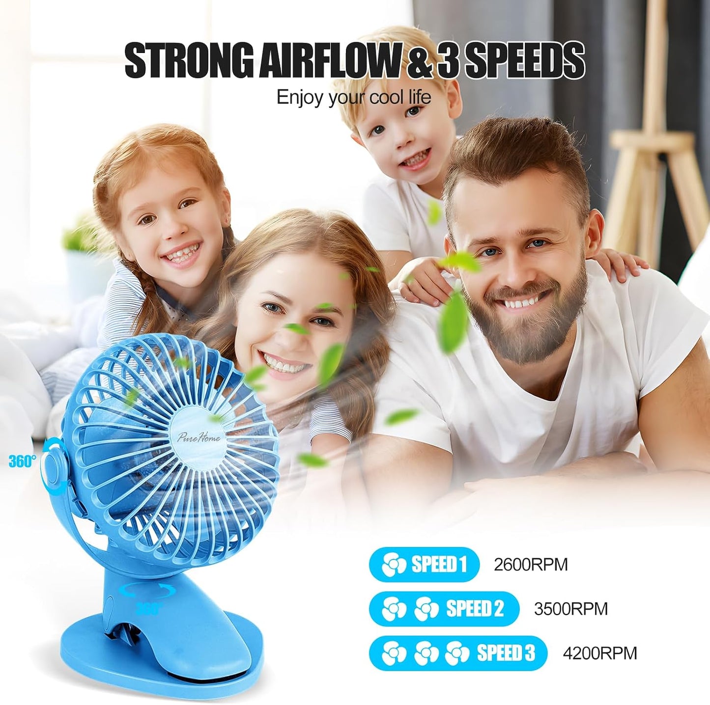 Portable Clip Fan Battery Operated,3 Speeds USB Rechargeable Mini Table Fan with Strong Airflow,360°Rotation Ultra Quiet Personal Desk Fan for Home Office Bedroom Dorm Stroller Camping(White)