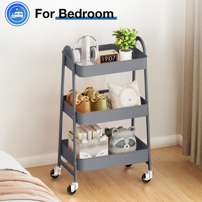 DUMOS 3 Tiers Rolling Cart, Utility Cart, Metal, White | Mobile Storage, Lockable Wheels, Utility Shelving Unit, Kitchen, Bathroom, Laundry, Narrow Places
