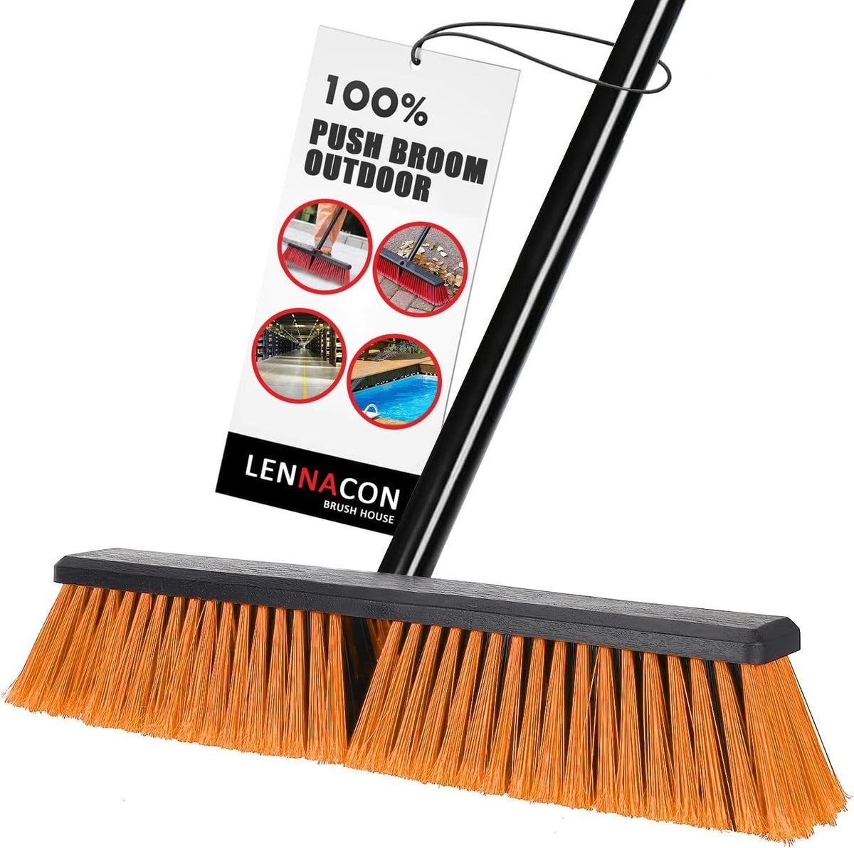 Push Broom, Outdoor Broom, Push Broom Outdoor for Garage, Deck (Orange) | 18‑inch stiff bristle head works as garage, shop & industrial broom for concrete, decks, patios. Ergonomic handle + hook