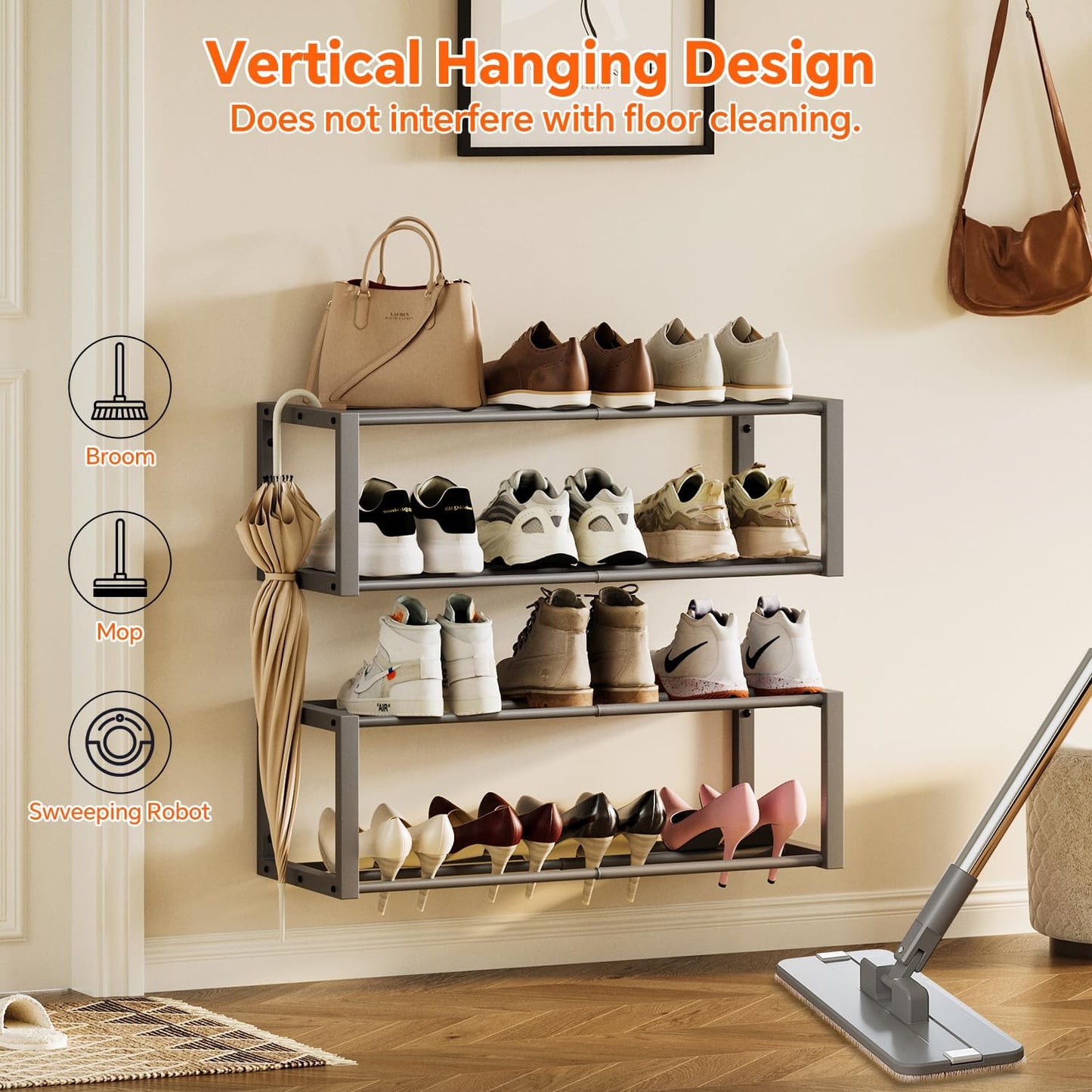 Homeiju Hanging Shoe Organizer,2 Pack Wall Mounted Shoe Rack Holds 12 Pairs,Space Saving Metal Wall Shoe Rack,Hanging Shoe Rack Shoe Holder for Small Space,Entryway,Closet,RV,Camper（Black