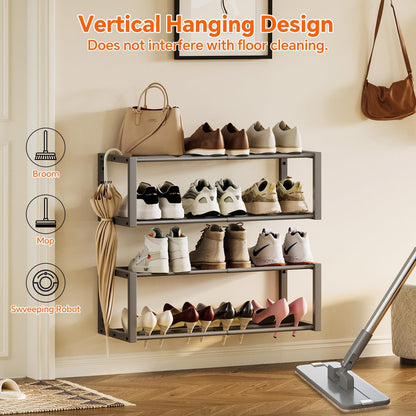 Homeiju Hanging Shoe Organizer,2 Pack Wall Mounted Shoe Rack Holds 12 Pairs,Space Saving Metal Wall Shoe Rack,Hanging Shoe Rack Shoe Holder for Small Space,Entryway,Closet,RV,Camper（Black