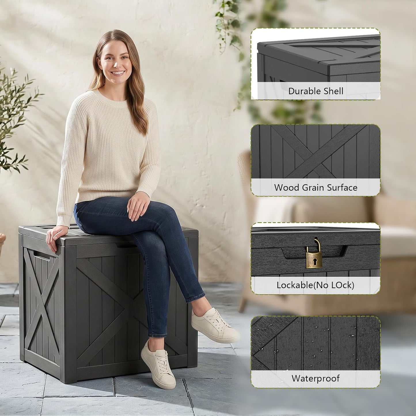 Waterproof Outdoor Storage Box Outside Deck Box Lockable Resin Bench UV Resistant Furniture Cushion Pool Tool Float Bin Patio Garden Porch (Black, 120 Gallon)
