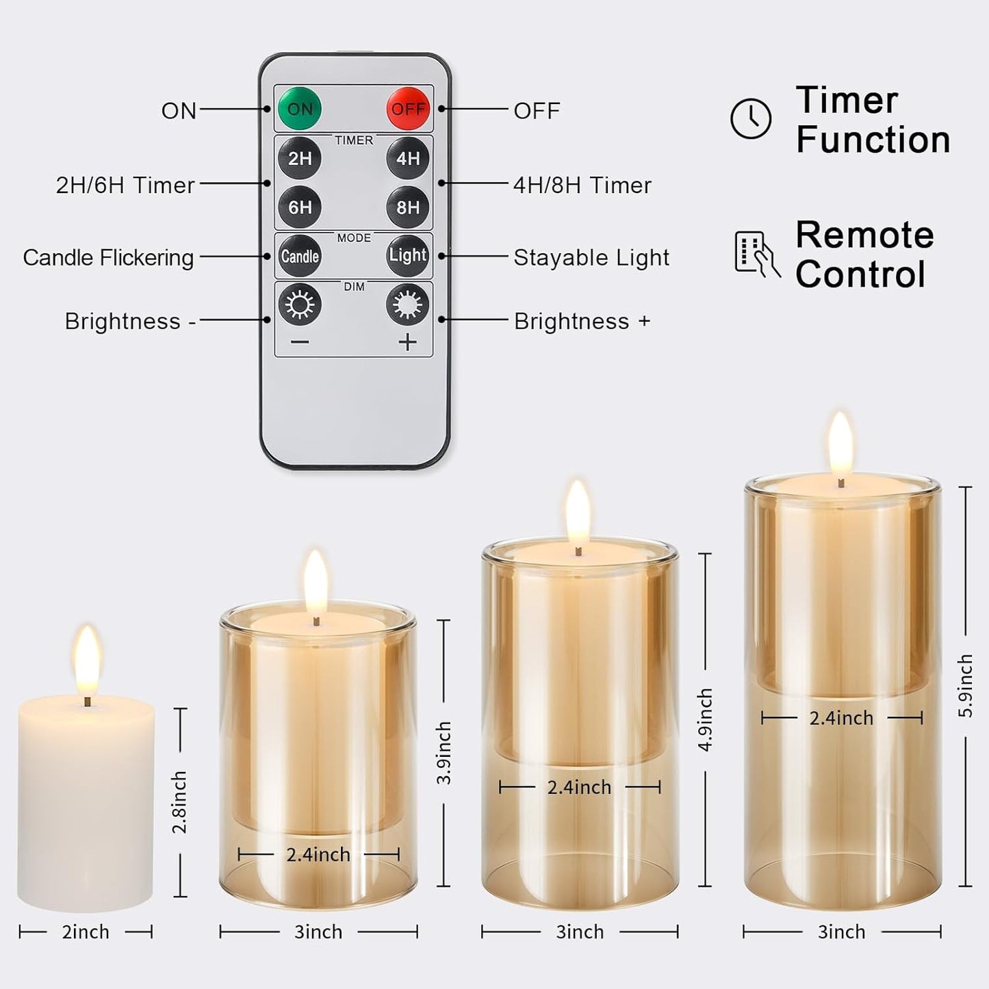 NURADA Flameless Candles with Remote Timer - Glass Real Wax 3D Wick LED Pillar Votive Candle Set Battery Operated Flickering Light for Home Christmas Decoration - White 3 Pack