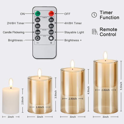 NURADA Flameless Candles with Remote Timer - Glass Real Wax 3D Wick LED Pillar Votive Candle Set Battery Operated Flickering Light for Home Christmas Decoration - White 3 Pack