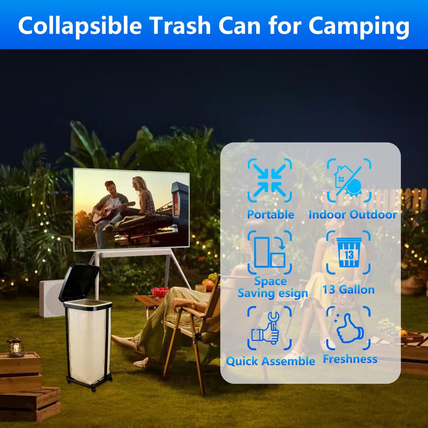 Foldable Trash Bag Holder with Cover and 4 Wheels - 3 Level Adjustable Height Plastic Trash Bag Holder, 13 Gallon Trash Can, for Kitchen Camping Yard RV Indoor Outdoor