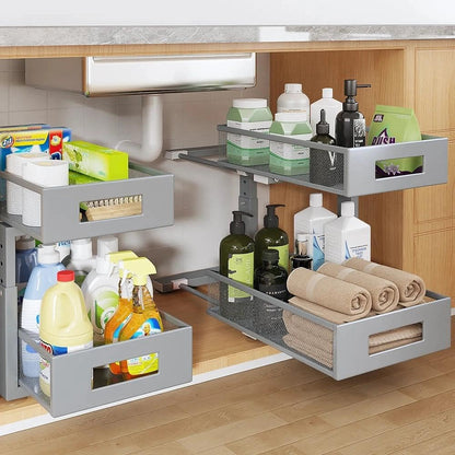 Under Sink Organizer, 2-Tier Dual Pull Out Cabinet Organizer Drawers With Smooth Circular Rail, Large Capacity Metal Mesh Sliding Shelves For Bathroom& Kitchen Storage,Height Adjustable–White,2 Packs