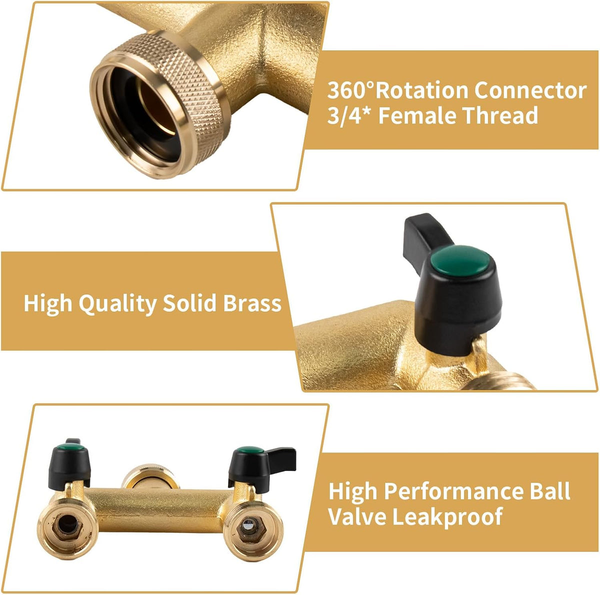 Hose Splitter, 2 Way Heavy Duty Brass Garden Hose Splitter, Outdoor Faucet Splitter, for 3/4" Hose Connector, Hose Spigot Adapter with 2 Individual ON/Off Valves