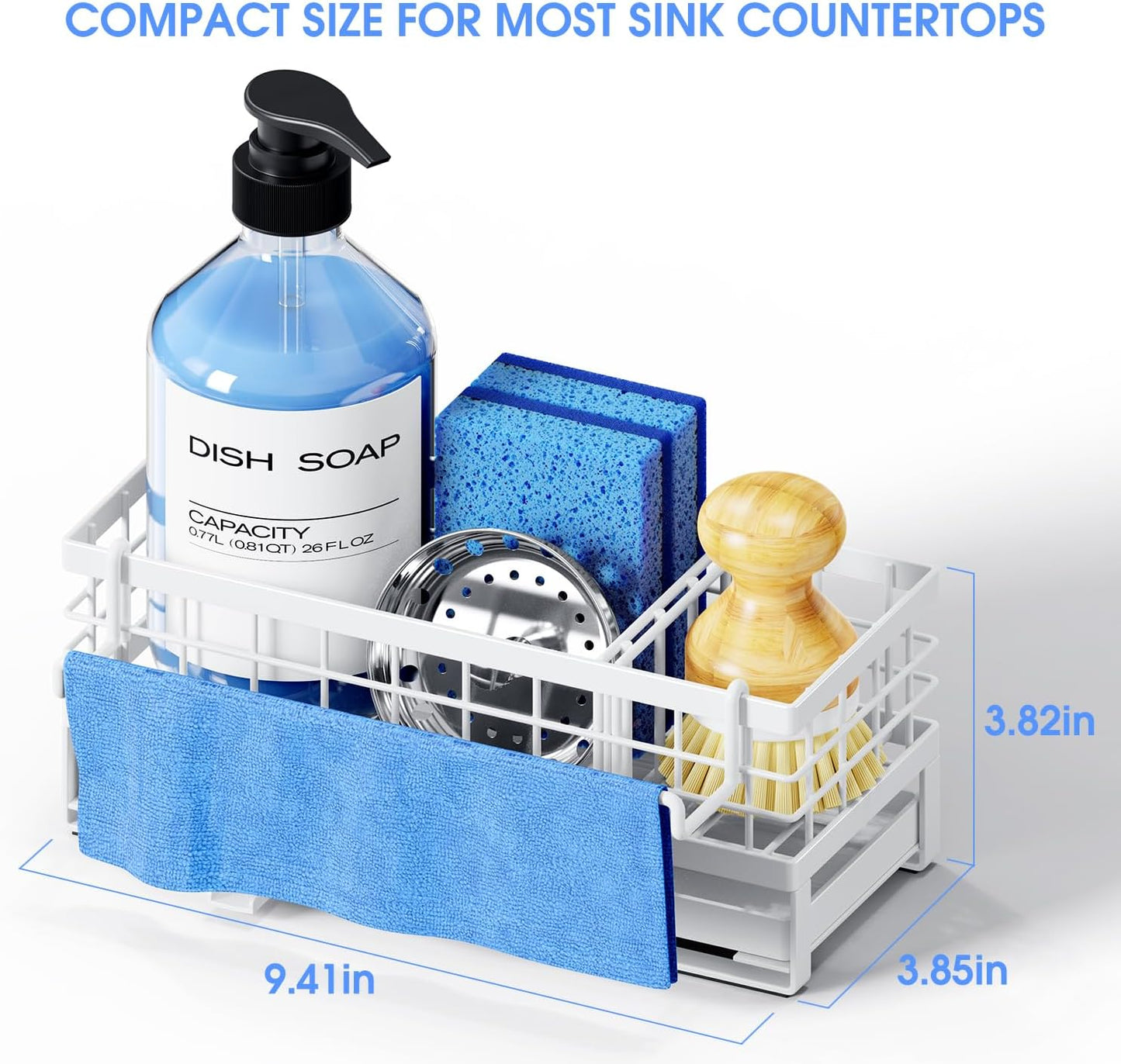 Kitchen Sink Sponge Holder, Rustproof Non-Slip Self-Draining Metal Sink Caddy with Detachable Dish Cloth Holder (Black)