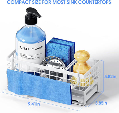 Kitchen Sink Sponge Holder, Rustproof Non-Slip Self-Draining Metal Sink Caddy with Detachable Dish Cloth Holder (Black)