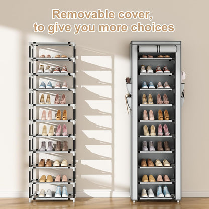 ROJASOP 10 Tier Shoe Rack with Covers,Large Capacity Stackable Tall Shoe Shelf Storage to 50-55 Pairs Shoes and Boots Sturdy Metal Free Standing Shoe Rack Organizer for Closet Entryway Garage