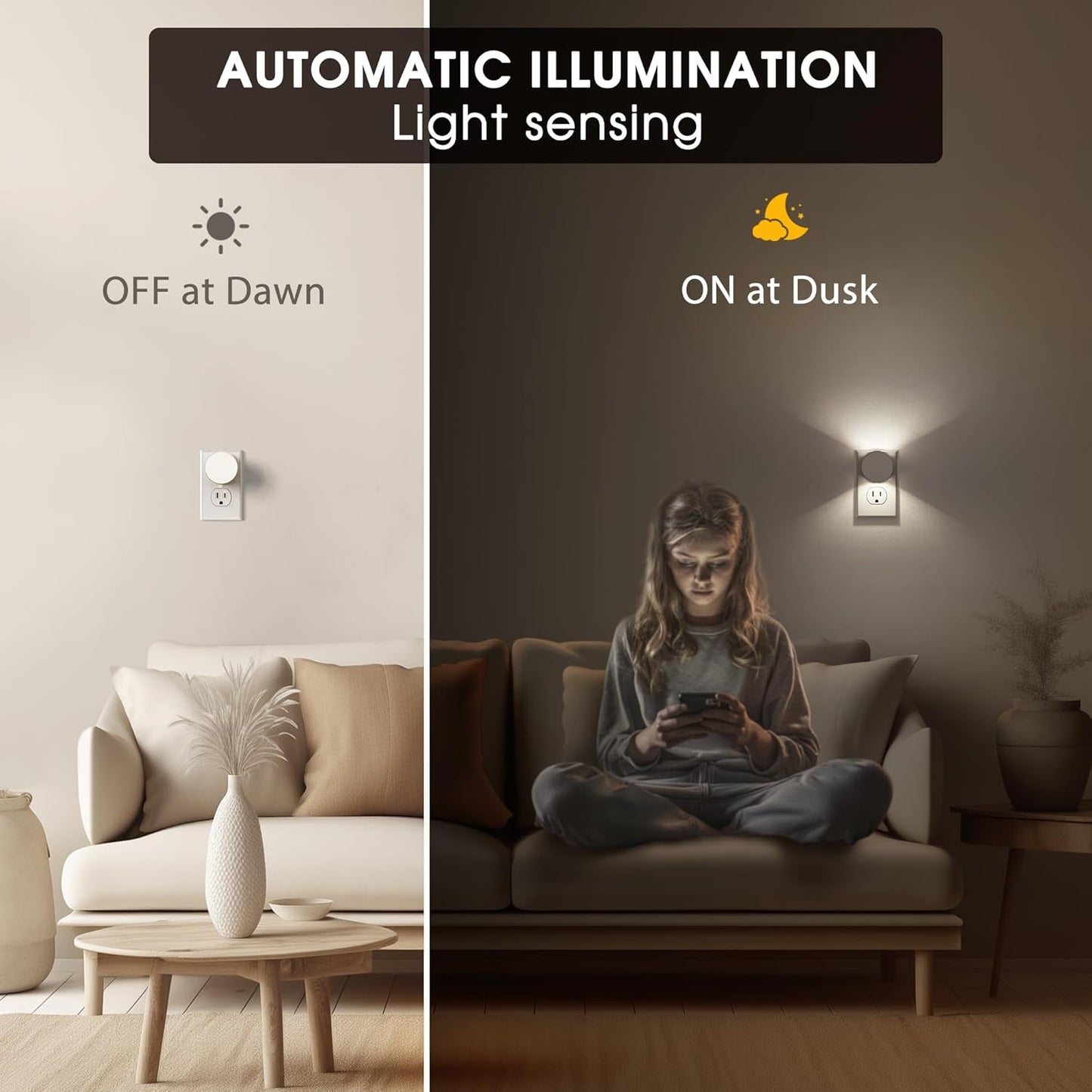 Briignite Night Lights Plug into Wall [2 Pack], White Night Light Dusk to Dawn Sensor Nightlight, Brightness Adjustable 3000K Soft White, Plug in Night Light for Bedroom, Hallway, Stairs, Kitchen