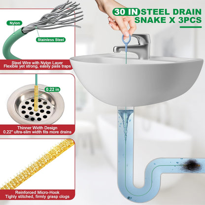 EastLink Drain Snake 18 Set: 35.5" Drain Clog Remover (x1), 30" Steel Hair Snake (x3), 30" PET Sink Snake (x3), 59" Tube Drain Brush (x2), 17" Dryer Vent Cleaner Brush (x1), Straw Cleaner Brush (x8)