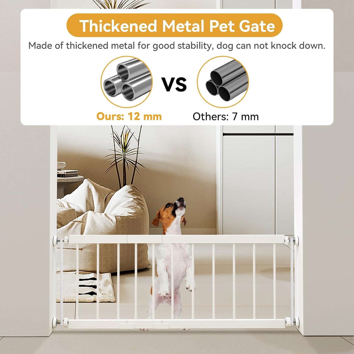 Fldofaves Dog Gate - 18"-45" Adjustable Extra Wide Metal Baby Gate to Step Over, 10" Tall Small Pet Gate with 3 Extension Kits, Pressure Mounted for Doorways & Stairs