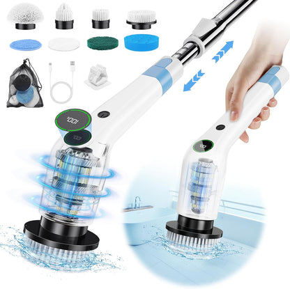 PUFTEM Electric Spin Scrubber, Cordless Shower Scrubber with 8 Scrub Brush, 2 Speed with Adjustable Extension Handle, Battery Level Display, Power Scrubber for Bathroom Bathtub Tile Floor (Black)