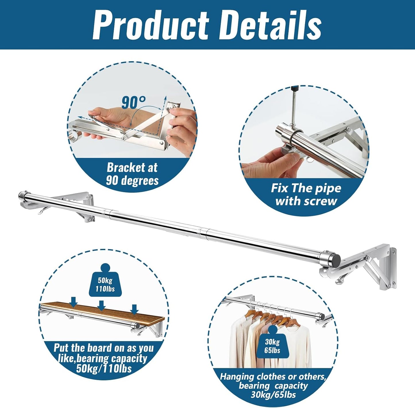 Foldable Wall Mounted Clothes Rack-30'' Long Rod&2 Thick Bases,Stainless Steel,Multi-Purpose for Space-Saving Garment Rack/Clothes Drying Rack/Clothes Hanger,Detachable and Top Shelf Room Reserved