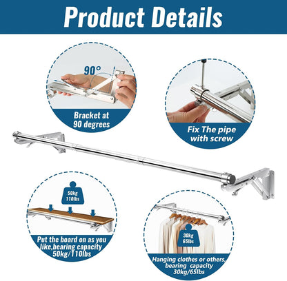 Foldable Wall Mounted Clothes Rack-30'' Long Rod&2 Thick Bases,Stainless Steel,Multi-Purpose for Space-Saving Garment Rack/Clothes Drying Rack/Clothes Hanger,Detachable and Top Shelf Room Reserved