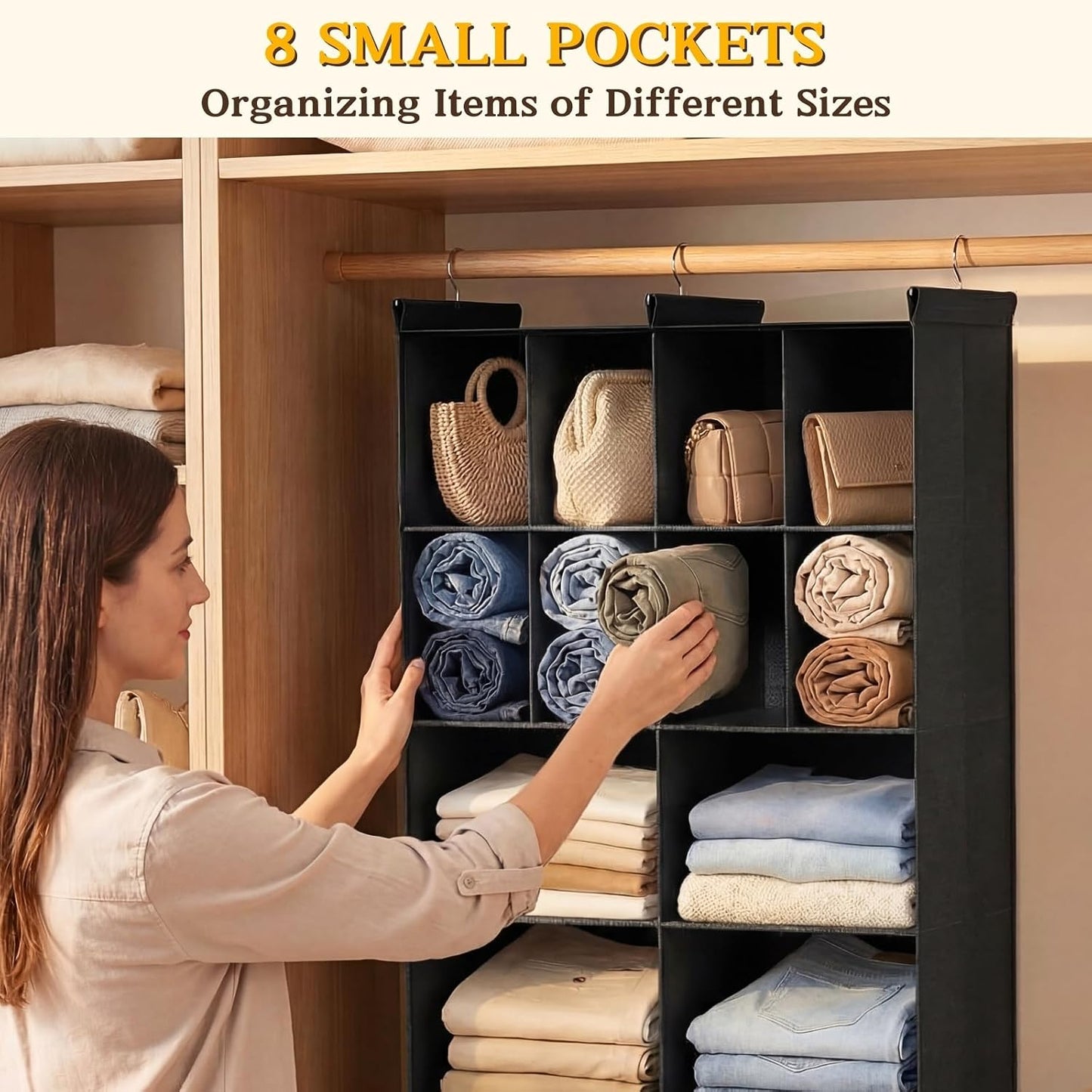 Ofiray-home 6 Tier Hanging Closet Organizer, 16 Compartments Sweater Organizer for Closet with 3 Sturdy Hooks, Closet Organizers and Storage, Wardrobe, Rv, Garment Rack, Grey