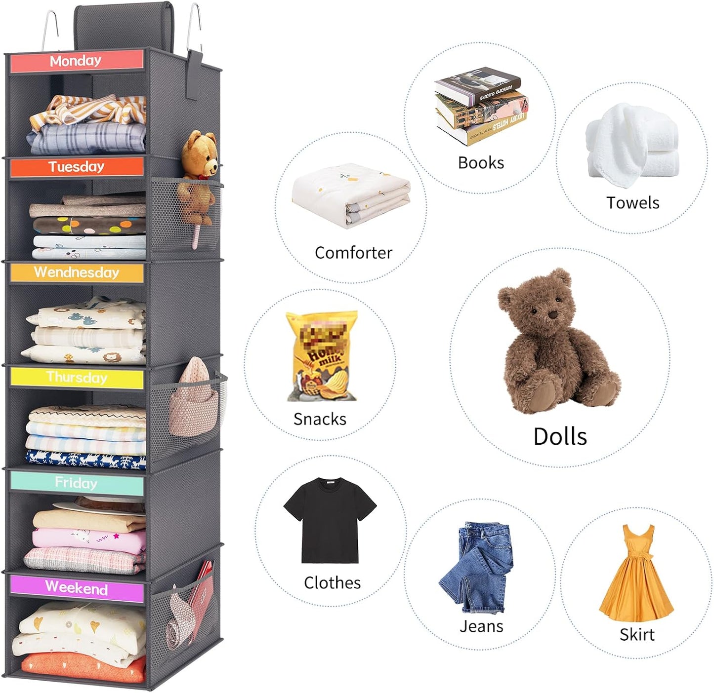 Fixwal 6-Shelf Weekly Clothes Organizer for Kids, Kids Daily Shelf Hanging Closet Organizer with 6 Side Pockets, Days of The Week Hanging Storage Shelves (Pink)