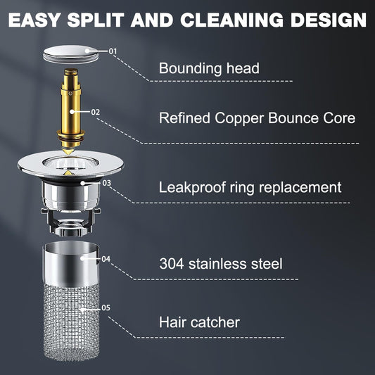 2PCS Bathroom Sink Drain Strainer,Pop Up Sink Drain Stopper Hair Catcher with Removable Stainless Steel Floor Drain Filter Basket,Universal Drain Plug Filter Replacement Bathroom Shower Sink Stopper