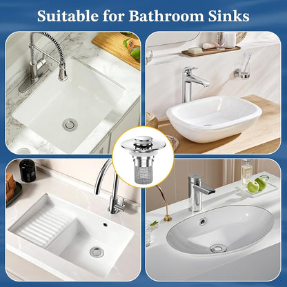 Bathroom Sink Drain Strainer,Pop Up Sink Stopper with Removable Stainless Steel Hair Catcher Basket, Anti-Clog Bathroom Sink Drain Plug for 1.1-2.36 Inch Drain Holes (Sliver 3Pcs)