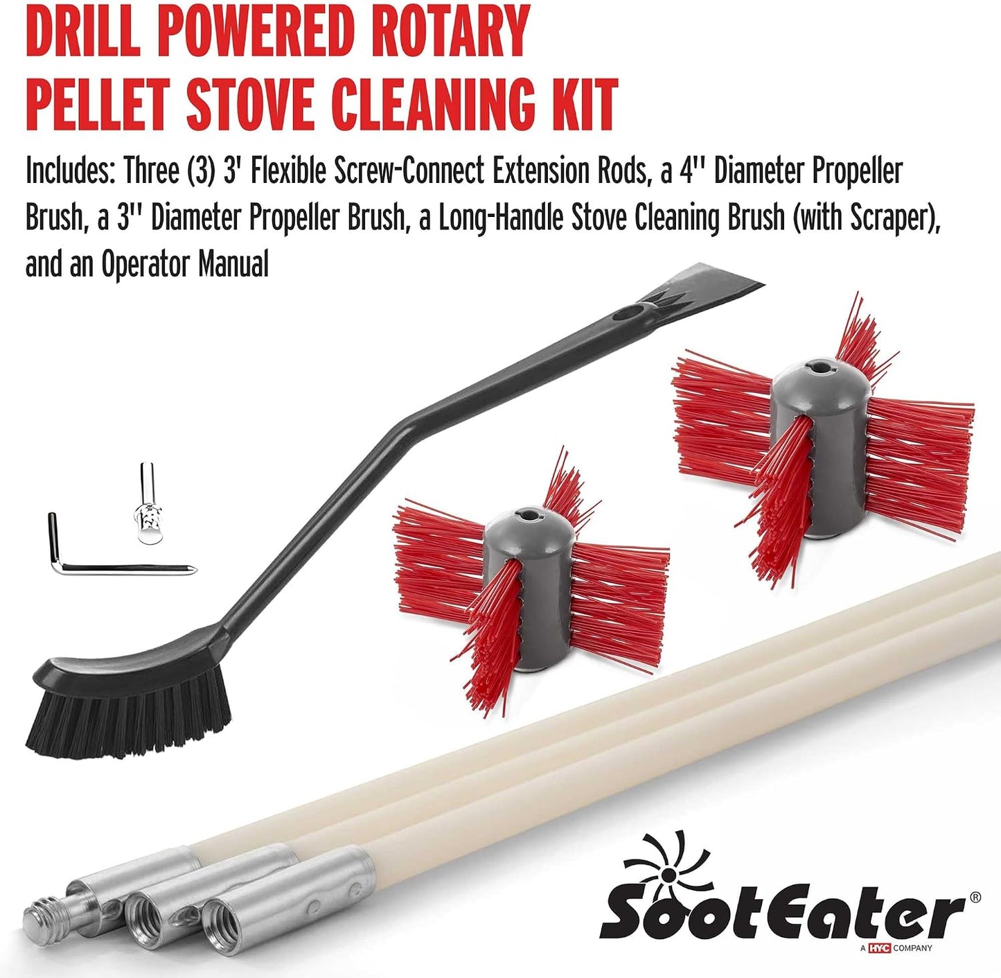 Gardus SootEater Pellet Stove Cleaning Kit - Complete Rotary Pellet Stove Vent Kit with Flexible rods, Propeller Pipe Brushes, & Flue Fire Prevention.