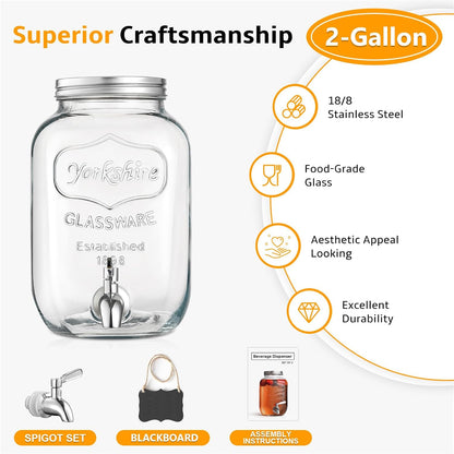 2 Gallon Glass Beverage Dispenser, 18/8 Stainless Steel Spigot and Lid - Glass Drink Dispensers for Parties - Mason Jar Drink Dispensers with Lids - Laundry Detergent Holder