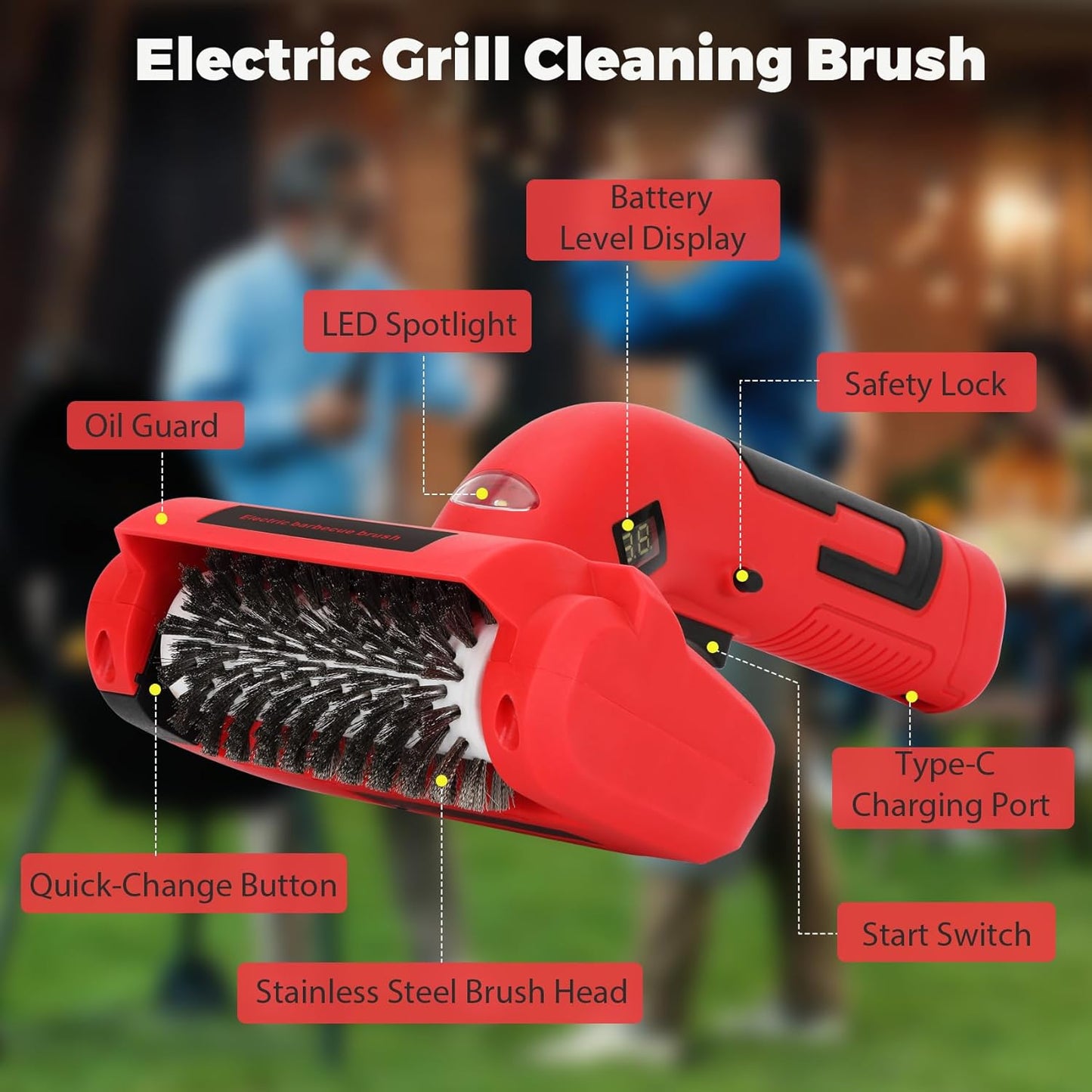 Electric BBQ Grill Brush, 1800 RPM Heavy Grill Cleaning Brush with 1 Replacement Head & LED Light, 304 Stainless Head, Grill Cleaner for Outdoor Grill with No Bristle Shedding, Gift for Men/Dad