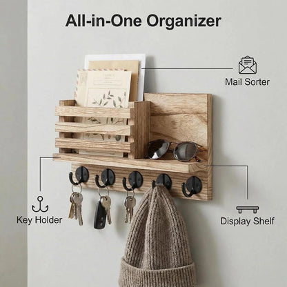 Wall Key Hook, Mail Organizer with 5 Metal Key Hooks, Decorative Key Rack Wall Mount, Tung Wood, 11.8 x 6.7 inches, Includes mounting Hardware (Brown)