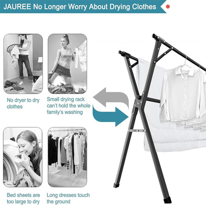JAUREE 95 Inches Clothes Drying Rack, Drying Rack Clothing Folding Indoor Outdoor, Heavy Duty Stainless Steel Laundry Rack, Foldable Portable Large Clothes Rack Garment Rack with 20 Windproof Hooks