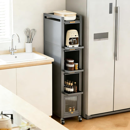 5-Tier Tall Narrow Mobile Shelf Organizer, Slim Storage Cart on Wheels | Pull Out Cabinet Organizer for Small Space Kitchen Space Saving, with Transparent Flap Door Design, Grey