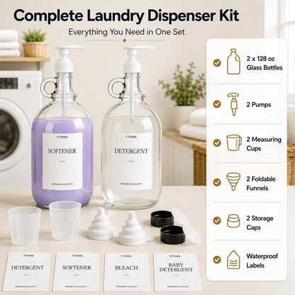 2 Pcs Glass Liquid Laundry Detergent Dispenser, Half Gallon Laundry Soap Dispenser for Laundry Room (64 oz. Each), Laundry Detergent Bottles with Pump Dispenser -Includes Labels, Funnel, Measuring Cup