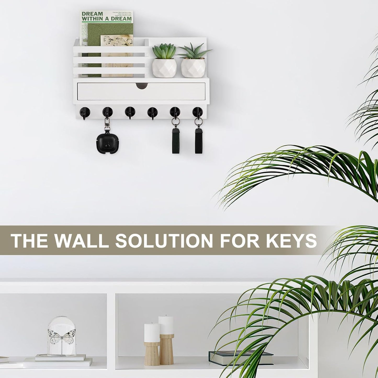 Key Holder Wall Mount, Mail Holder with Storage Drawer and 5 Key Hooks for Coat, Dog Leash, Home Decor Rack, House Accessories, Entry Way Organizer