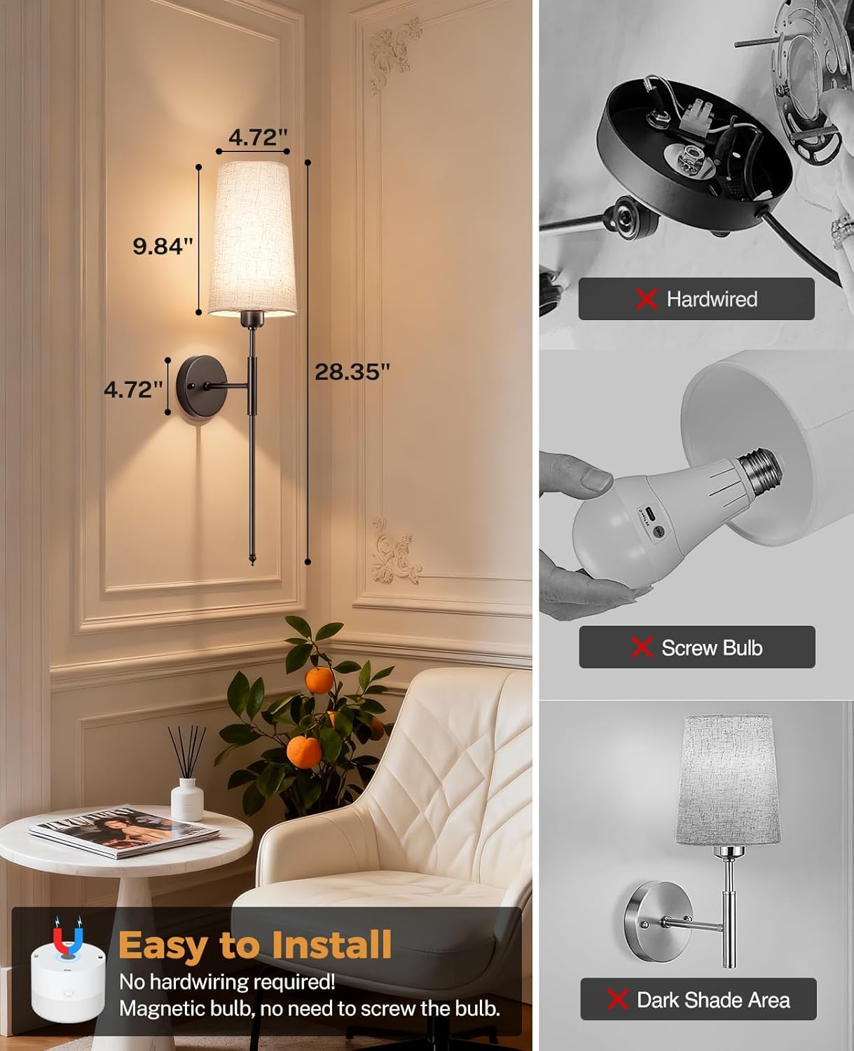Battery Operated Wall Sconce Set of 2, 13000mAh Rechargeable Battery Powered Sconces with Remote Dimmable Fabric Shade Wireless Sconces Fixture for Bedroom Living Room