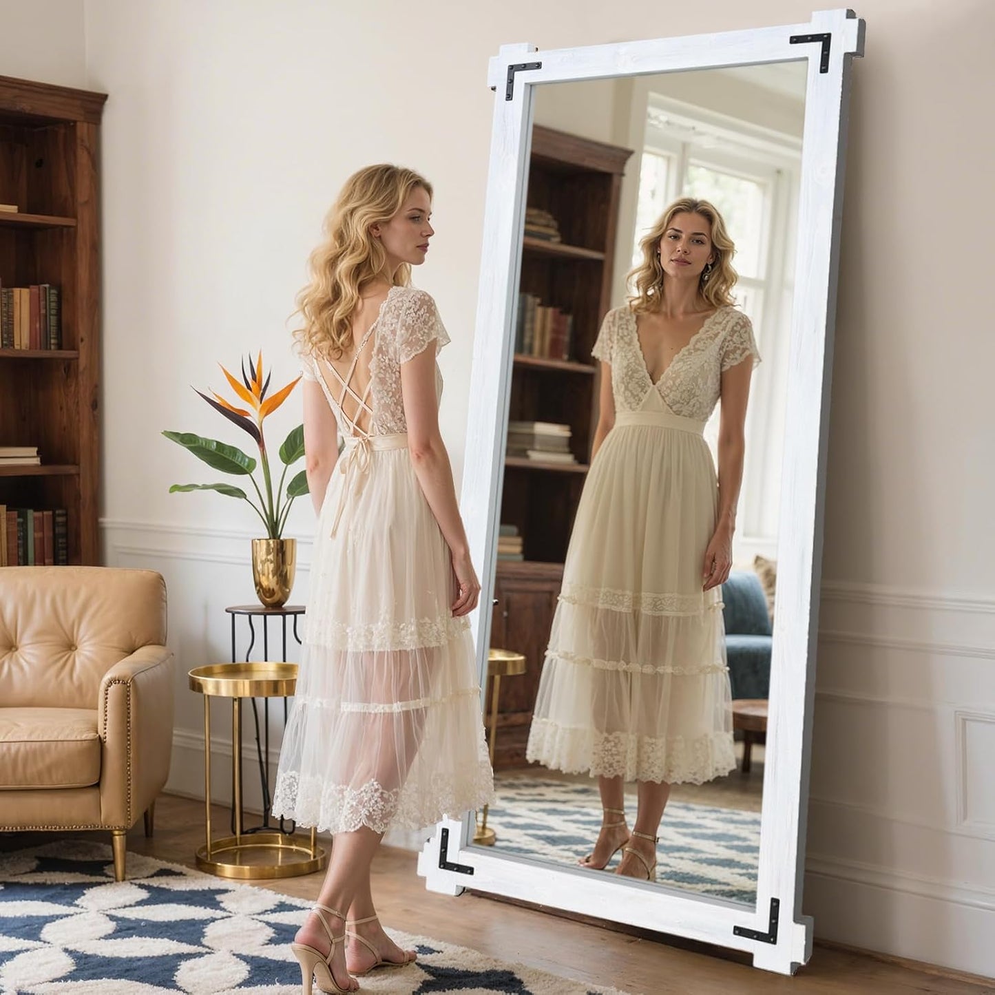 65x24 Inch Full Length Mirror, Pine Frame Full Body Standing Mirror with Metal Decorative, Black
