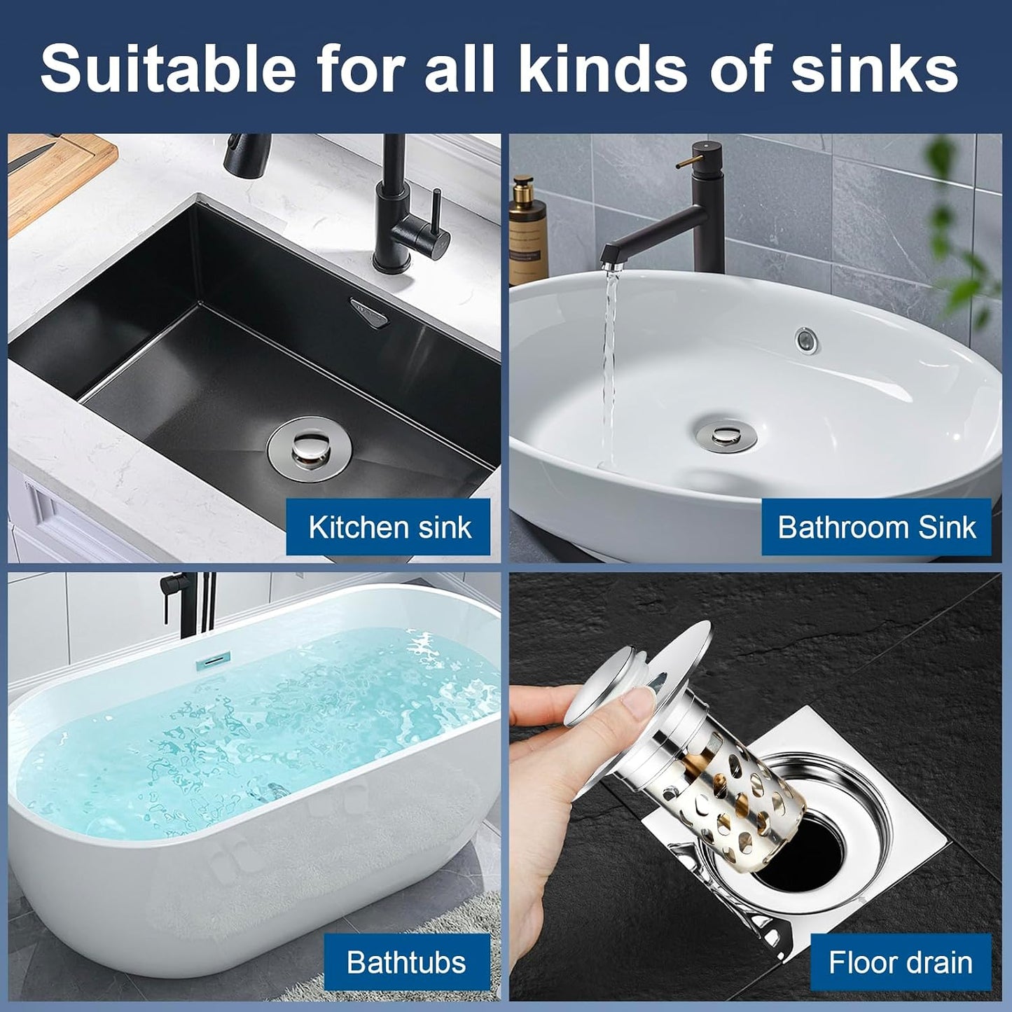 2 Pcs Bathroom Sink Drain Strainer, Universal Pop Up Stopper with Removable Stainless Steel Hair Catcher Basket