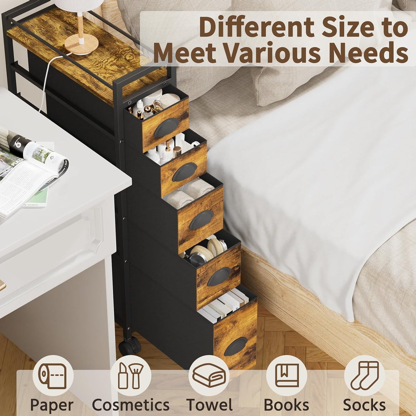 LASZOLA 5 Drawer Narrow Dresser Slim Cabinet Skinny Storage Tower Chest, Ideal for Small Spaces Bathroom, Between Washer and Dryer, Lightweight Mobile on Wheels, Sturdy Fabric Drawers, Black