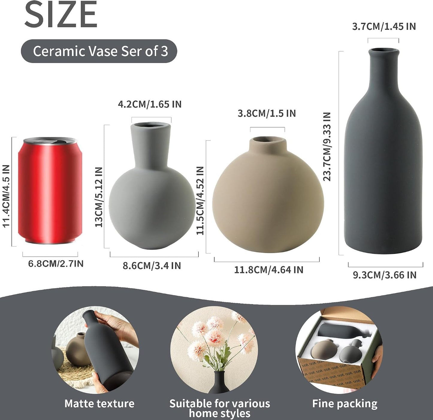 Ceramic Vase Set of 3, Decorative Vases Home Decor Modern Neutral Flower Pampass Boho Vase for Living Room, Table, Mantel, Entryway, Bookshelf, Kitchen, Bedroom, Bathroom - White