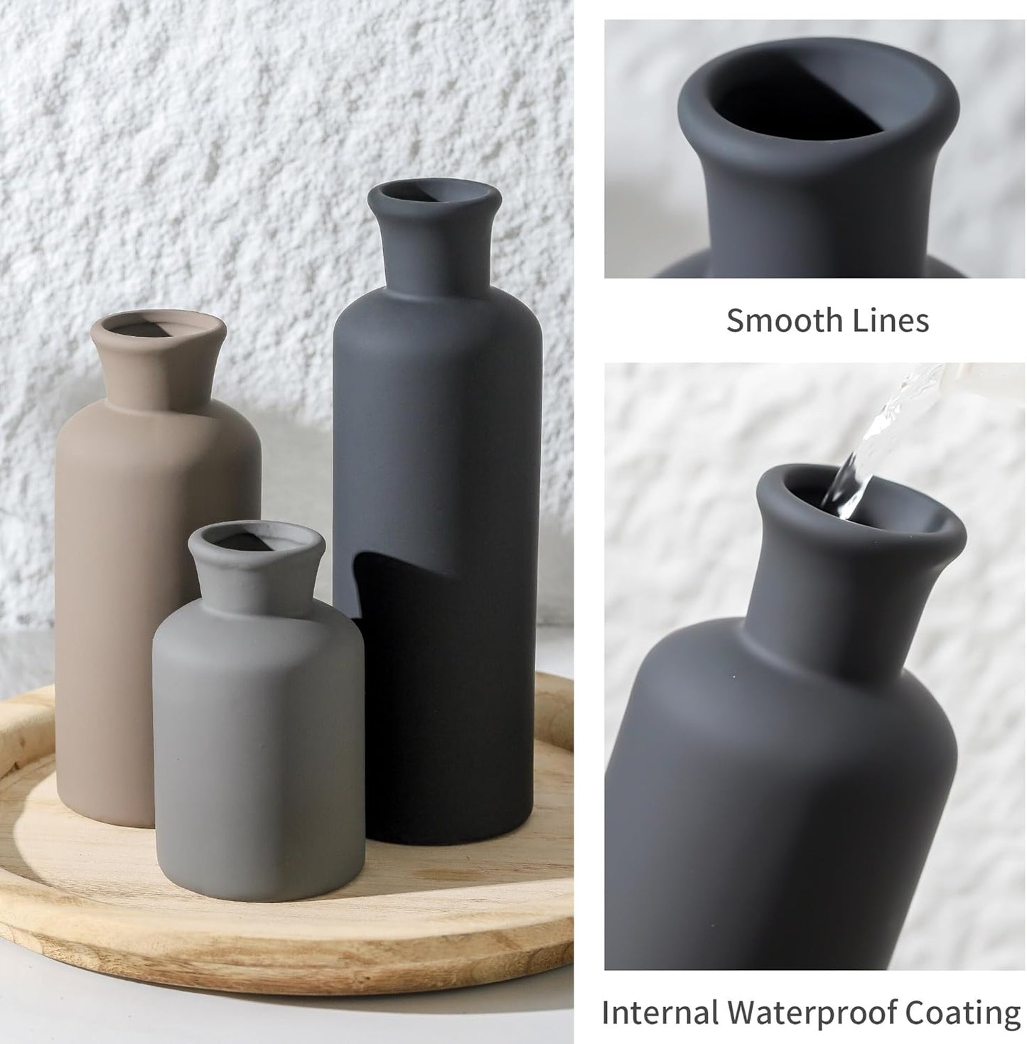 Ceramic Vase Set of 3, Decorative Vases Home Decor Modern Neutral Flower Pampass Boho Vase for Living Room, Table, Mantel, Entryway, Bookshelf, Kitchen, Bedroom, Bathroom - White