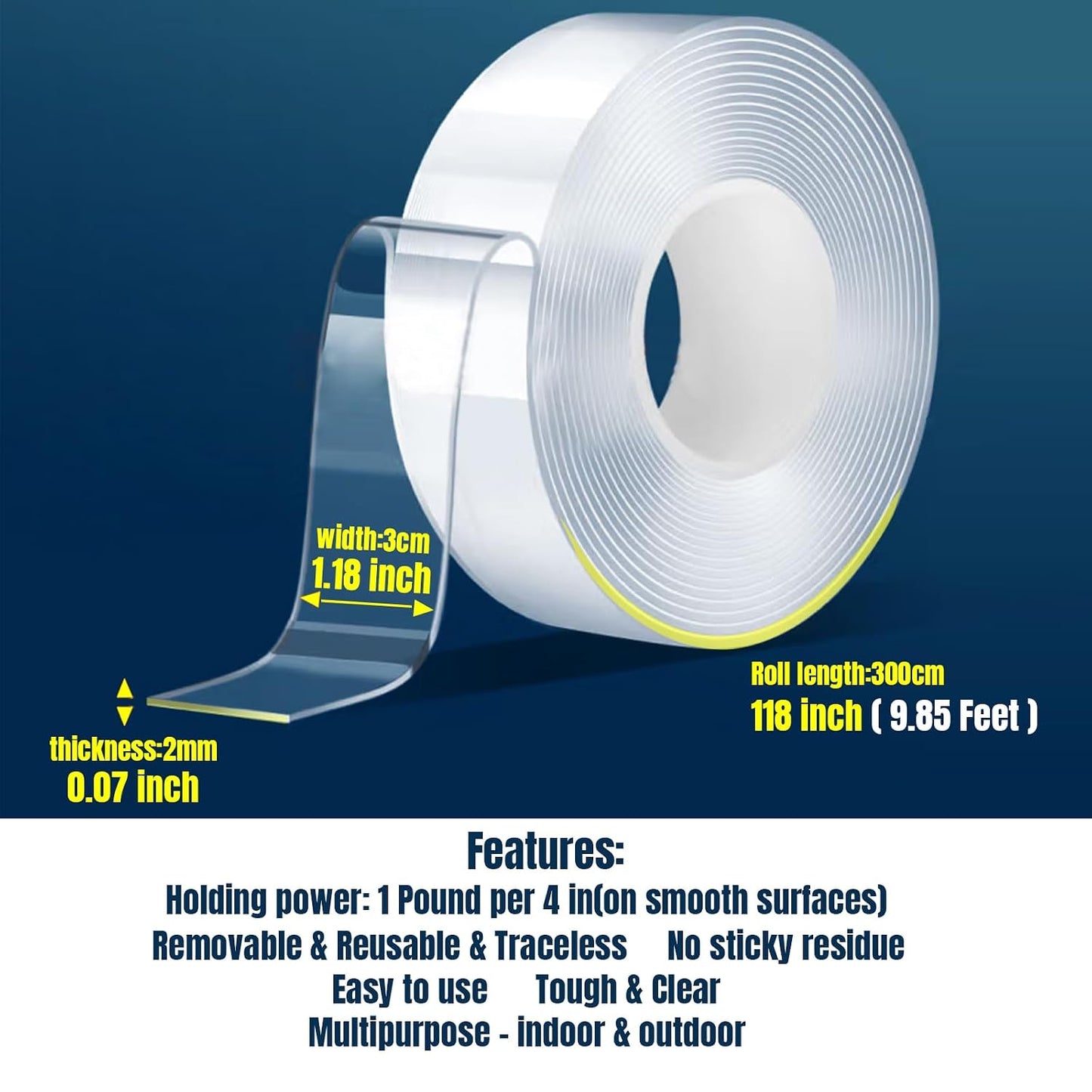 Double Sided Tape Heavy Duty,Removable Clear Nano Mounting Tape,Picture Hanging Adhesive Strips,Tough & Clear Weatherproof for Indoor/Outdoor Use,Perfect for Picture Hanging & Carpet-10FT
