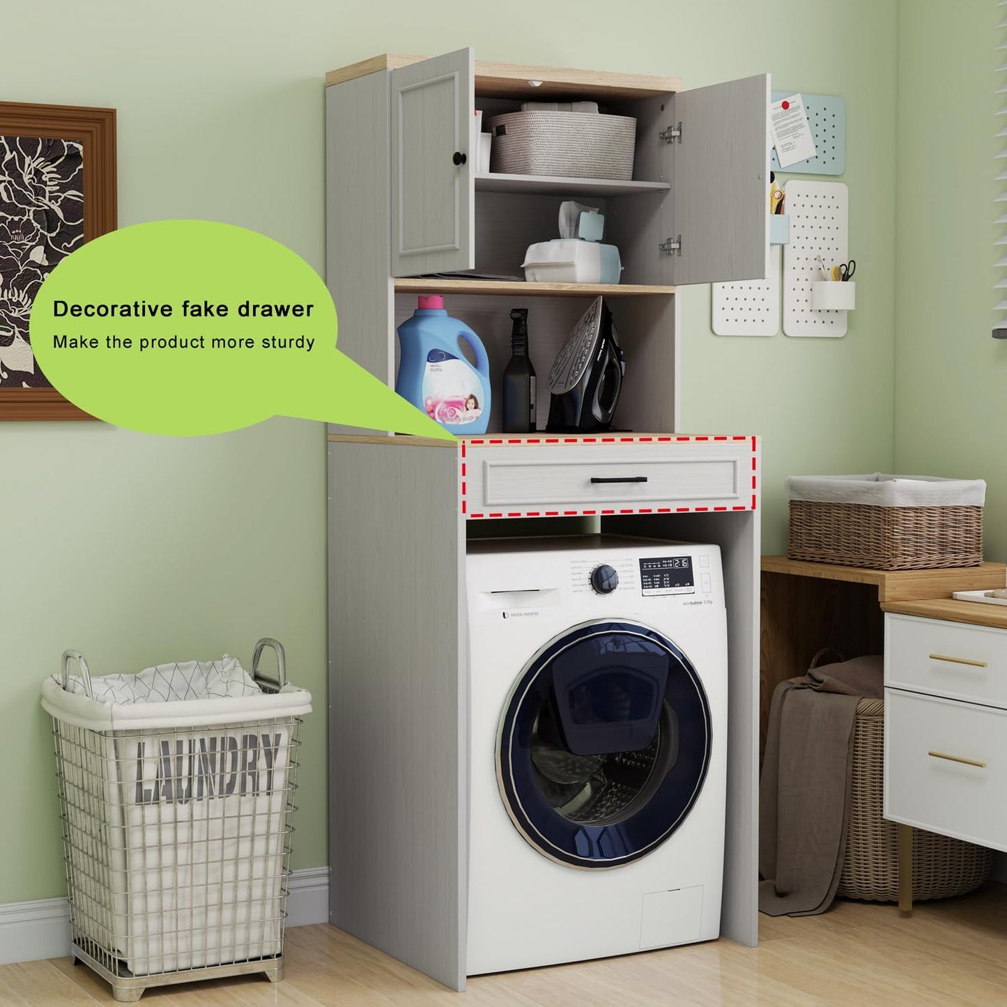 Over The Washer and Dryer Storage Cabinet, Laundry Room Organization and Storage with Adjustable Shelf and Fake Drawer Design, Laundry Room Storage Space Saver (Antique White)