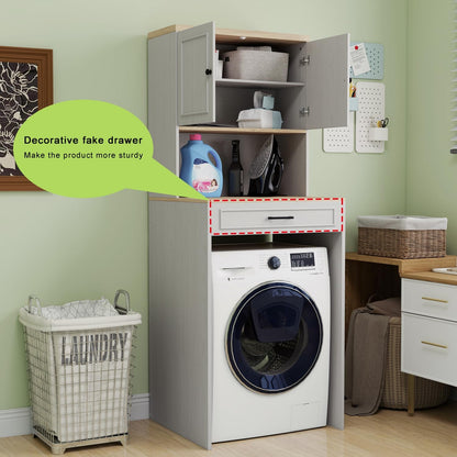 Over The Washer and Dryer Storage Cabinet, Laundry Room Organization and Storage with Adjustable Shelf and Fake Drawer Design, Laundry Room Storage Space Saver (Antique White)