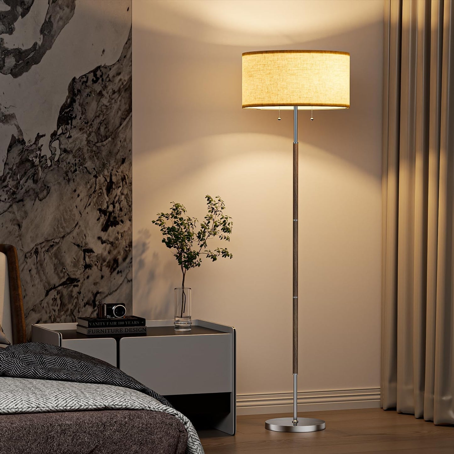 Karjoefar 2-Light Floor Lamp, Mid Century Floor Lamp with White Fabric Shade, Standing Lamp Tall Lamp for Living Room Bedroom, 3 Color Temperatures 9W Bulb Include