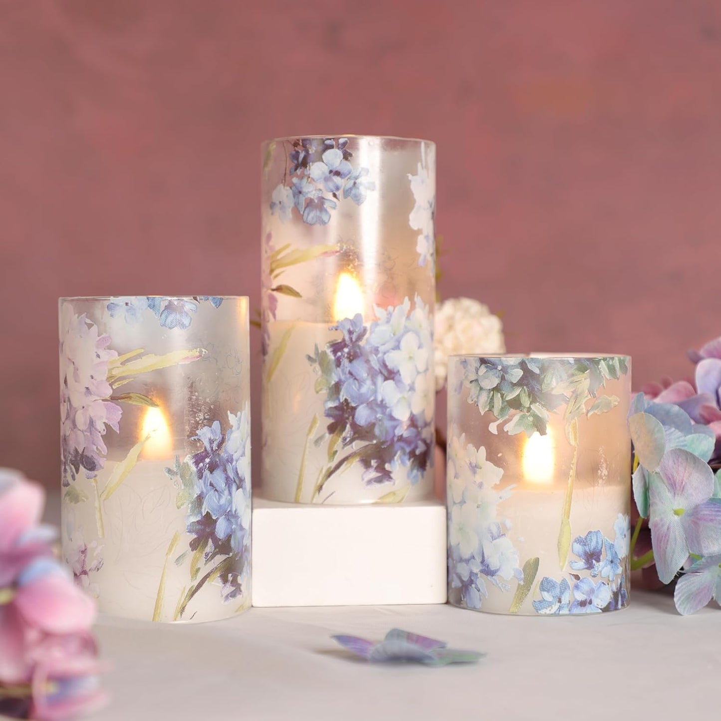 Glass Flameless Candles Flickering Battery Operated LED Pillar Candles Set of 3 with Timer and and 10-Key Remote Green Branch Floral Spring Summer Theme for Wedding Festival Home Decoration