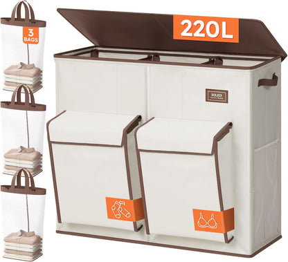 SOLEDI 220L Laundry Hamper 3 Section,Extra Large Laundry Basket with Lid and 2 Side Pockets, Dirty Clothes Hamper with Removable Bag Easy to Carry for Laundry Room, Bedroom, Bathroom, Black