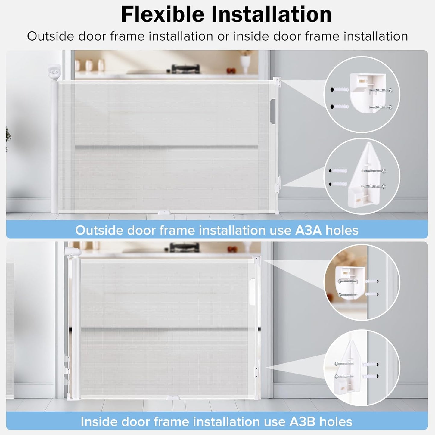Retractable Baby Safety Gate, 33.8" Tall Extends to 55" Wide, Dual Lock, Adjustable Mounting, Extendable Pet Gate for Hallways, Stairs, Indoor & Outdoor（White）